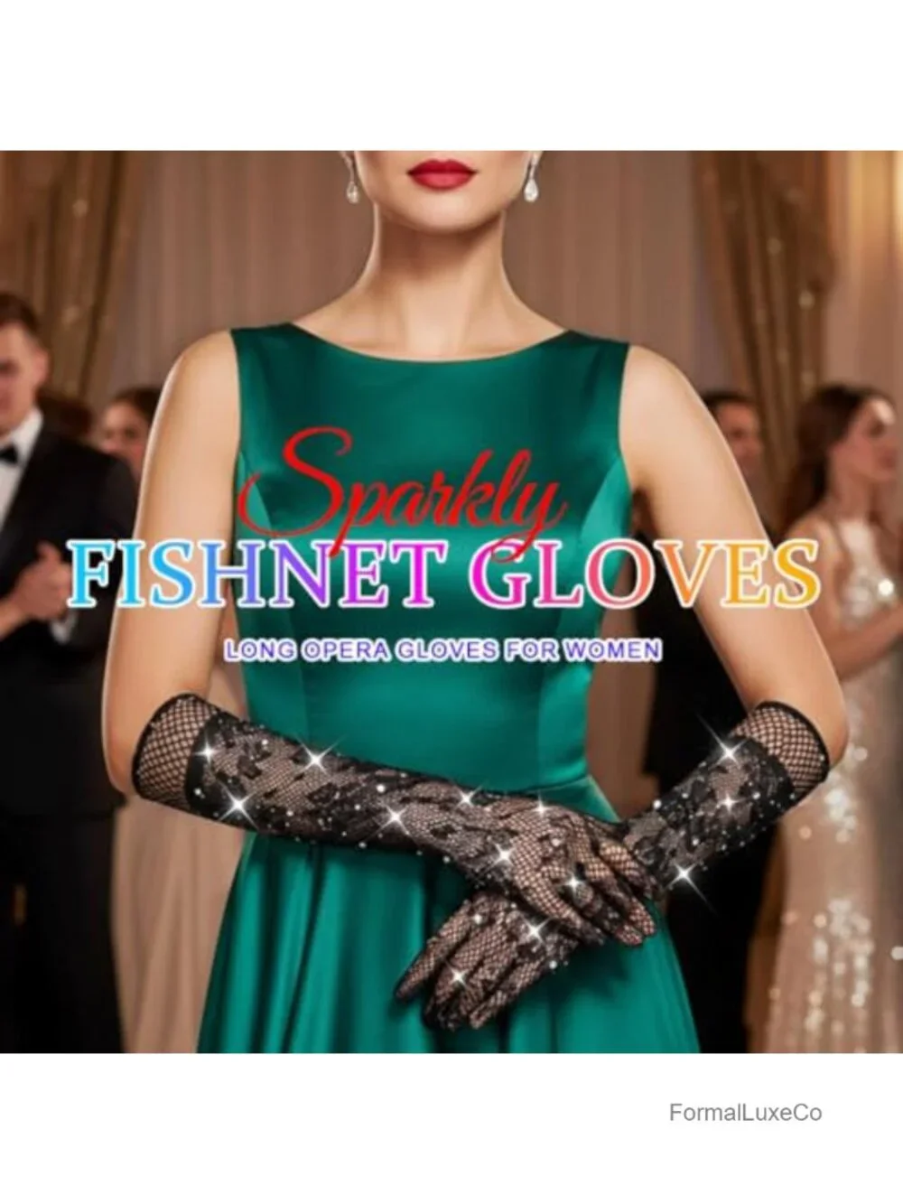 Sparkly Rhinestone Fishnet Gloves Long Lace Elbow Length Arm Sleeves Mesh Prom